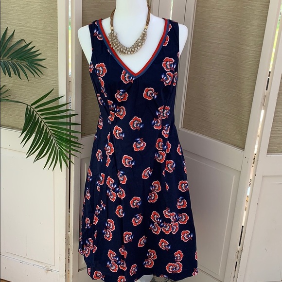 Boden Midi-Dress, Navy Orange Floral Pattern Dress, Sleeveless Business Casual - Picture 2 of 16
